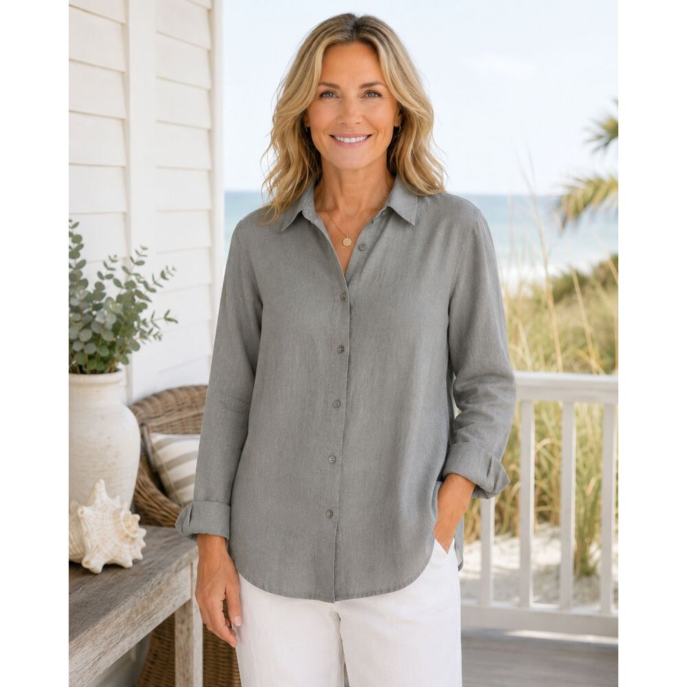 J.Jill Love Linen Shirt Womens Small Gray 100% Linen Button Front Long Sleeve